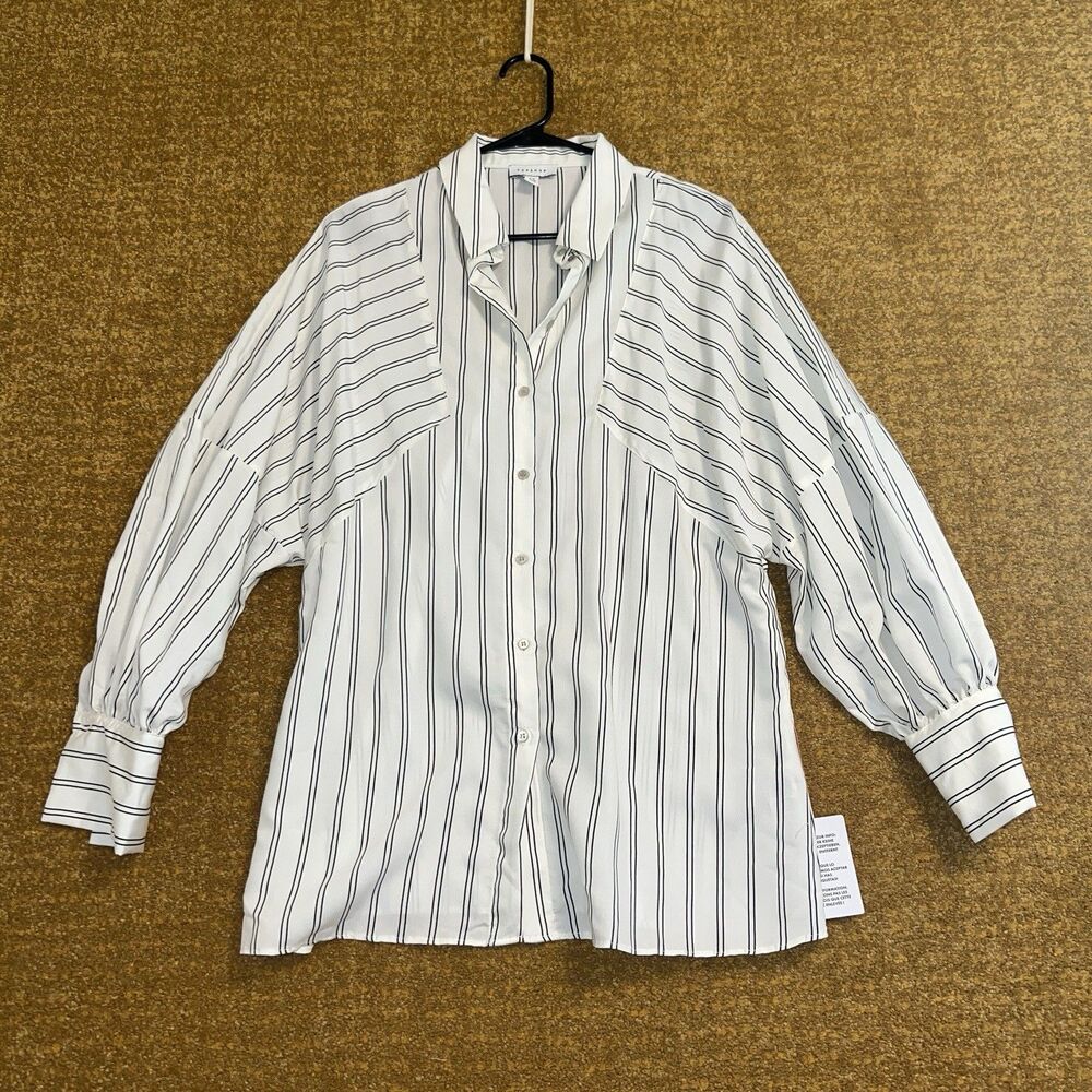 Topshop Blouse Women’s 6 Black White Stripes Voluminous Sleeves Business Career